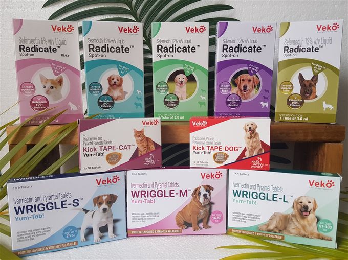 Try Radicate Spot-On for fleas, ticks and mange, or use Kick Tape for deworming  and don't forget to give your dog heartworm prophylaxis tablets such as Wriggle